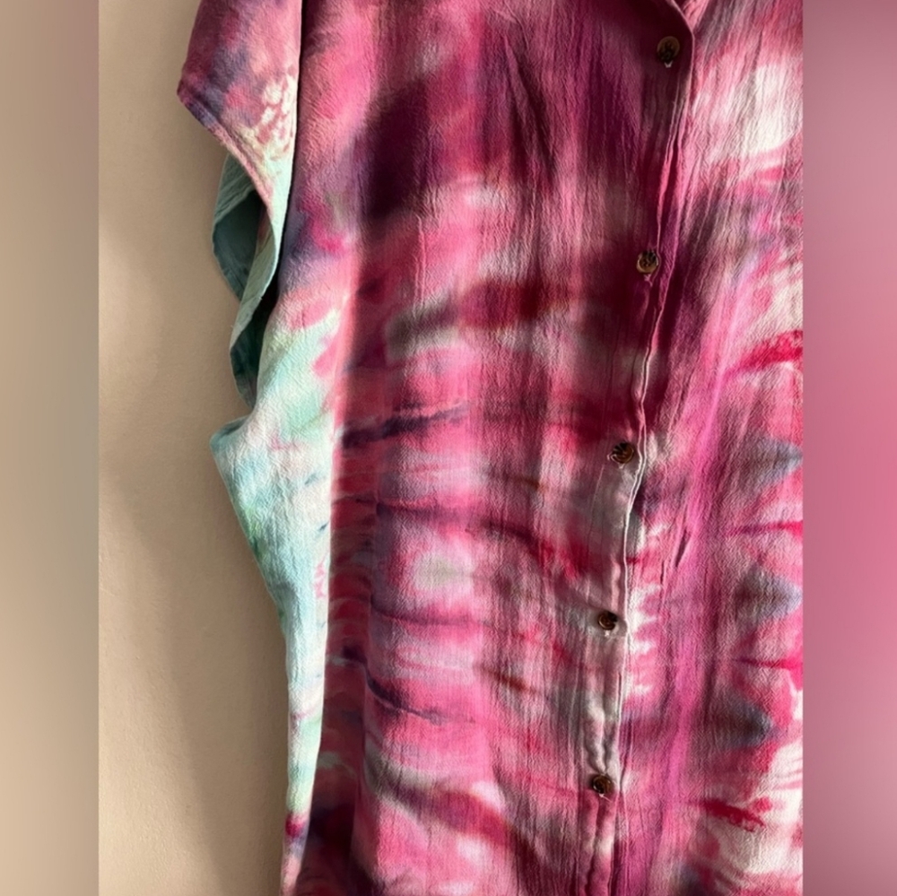 Seaspice Resort Wear 100% Peruvian Cotton Vibrant Tie-Dye Button-Up  Vacation - Picture 4 of 6